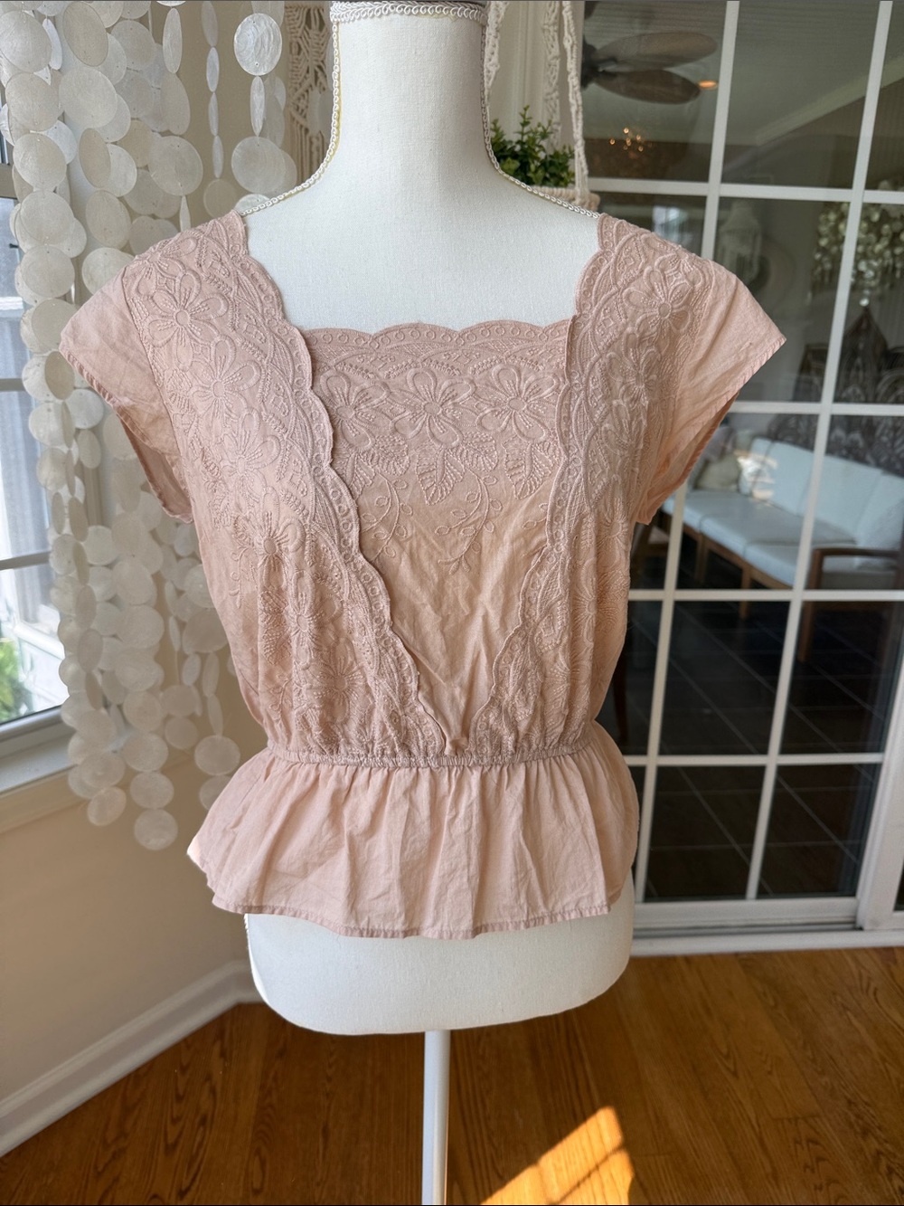 Embroidered Japna Cotton Peplum Women's Top in Blush Pink medium